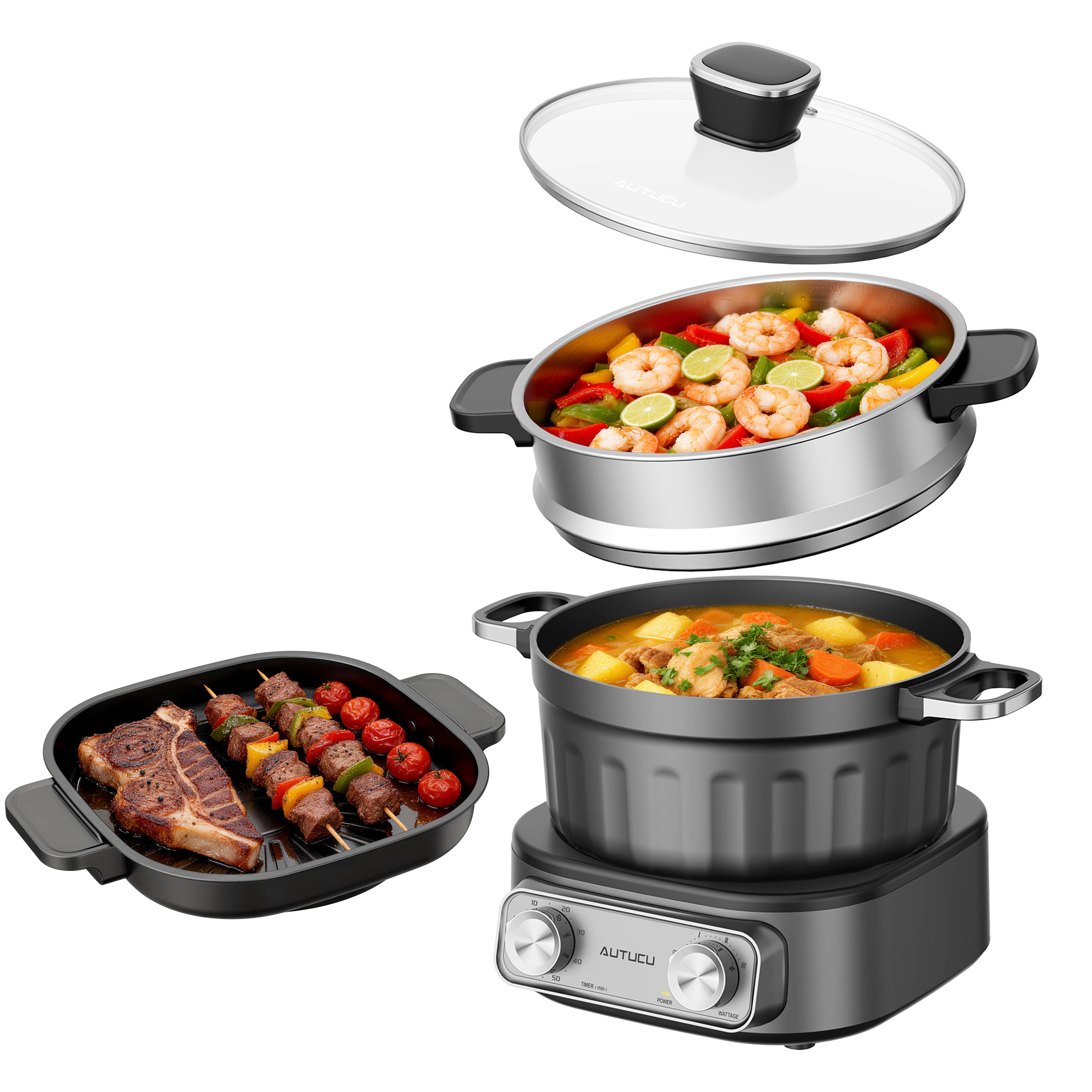 N74SNA Hot Pot Electric, Multi-Cooker 2.5 Quart Grill Steamer Set