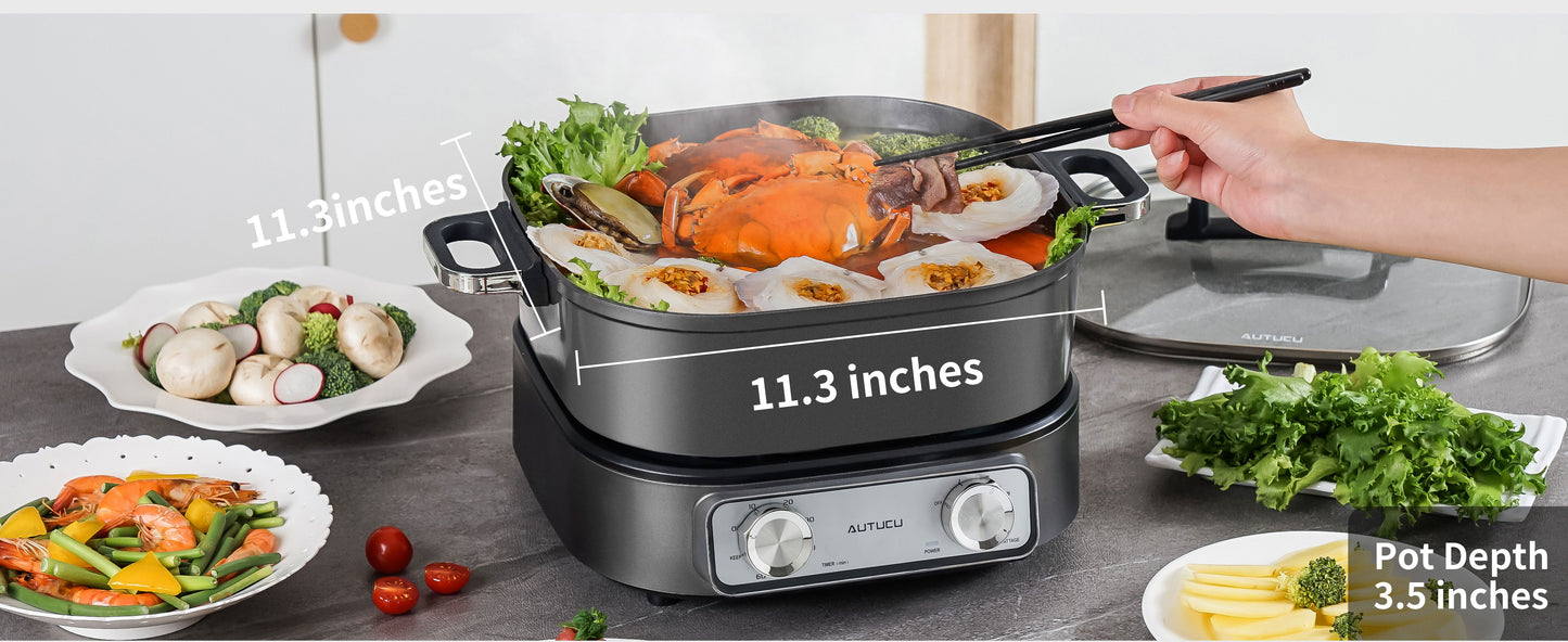 Autucu Electric Hot Pot 6L Ungraded Removable, PFOA-Free Nonstick, 1600W with Timer