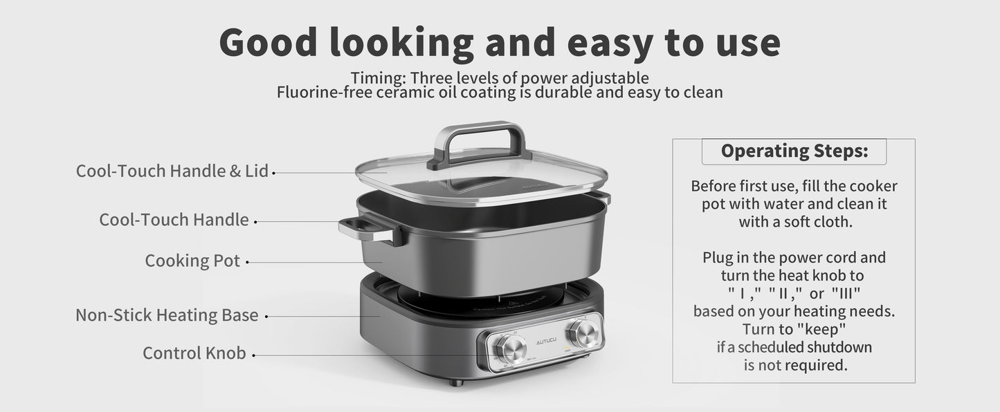 Autucu Electric Hot Pot 6L Ungraded Removable, PFOA-Free Nonstick, 1600W with Timer