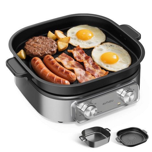 6-Quart Electric Skillet with Grill | Non-Stick PFOA-Free Ceramic-Coated Pot, 1600W, Timer & 3 Power Settings for Steak, Egg, Ramen (Includes Grill Tongs) Pot & Grill