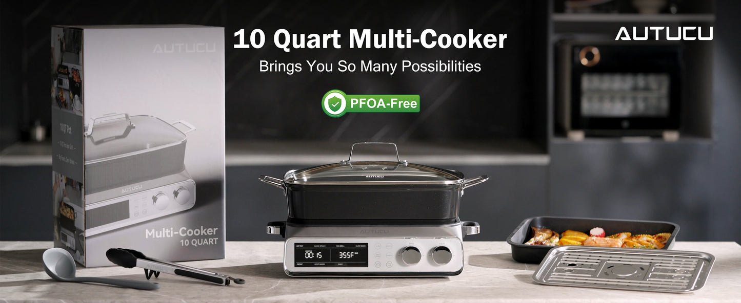 N21NA Pro Slow Cooker 10 Quart, 8-in-1 Programmable PFOA-Free Ceramic Coated Multi-Cooker with Grill Pan, Steaming Plate (Includes Silicone Spoon & Tongs)