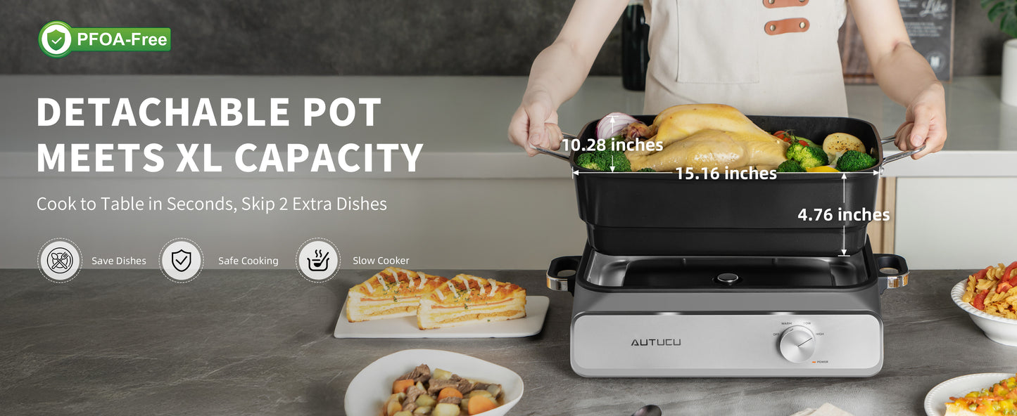 Slow Cooker 10-Quart - PFOA-Free Ceramic Coating, Oven Safe to 450°F | Keep Warm Function for Large Family Gatherings (Includes Silicone Spoon)