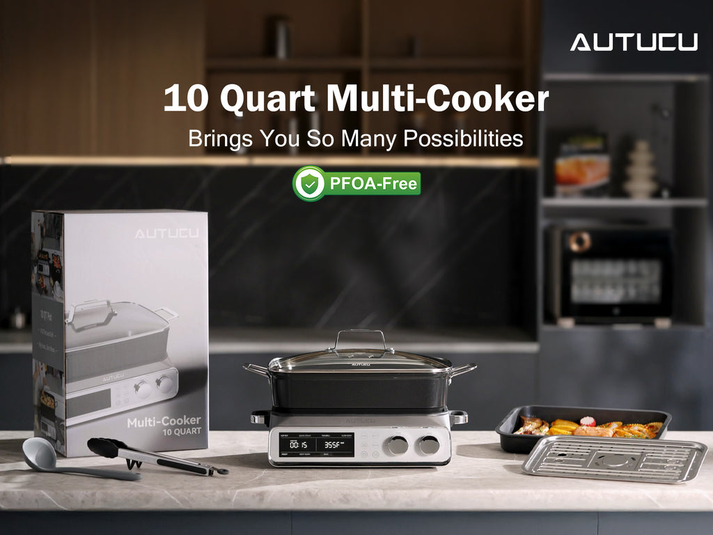 N21NA Pro Slow Cooker 10 Quart, 8-in-1 Programmable PFOA-Free Ceramic Coated Multi-Cooker with Grill Pan, Steaming Plate (Includes Silicone Spoon & Tongs)