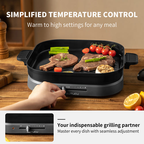 T2NA 2-in-1 Electric Griddle Nonstick Flat Grill, PFOA-Free Ceramic-Coated Surface | Easy to Clean, 1200W, Square 11.3" (Includes Tongs)