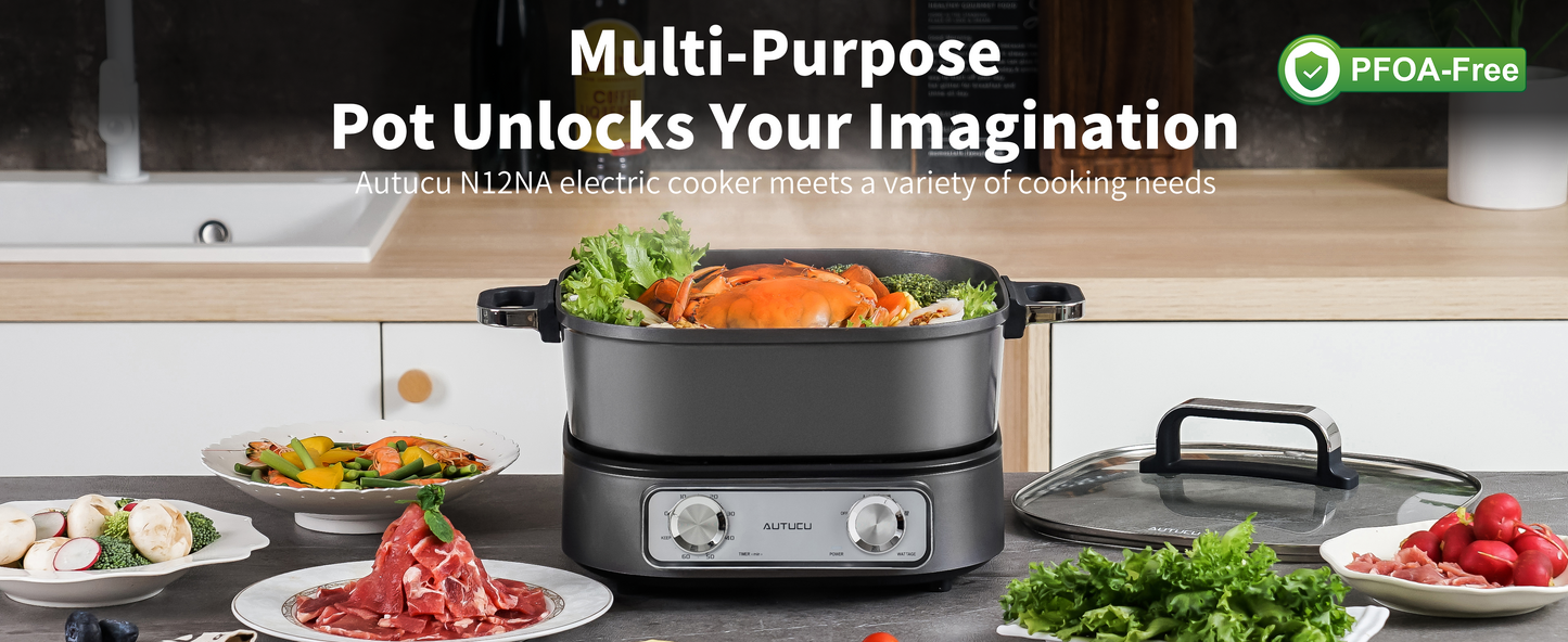 Electric Skillet 6-Quart Hot Pot Nonstick - PFOA-Free Ceramic Coating Pot, 1600W, Timer & 3 Power Settings for Steak, Egg, Ramen