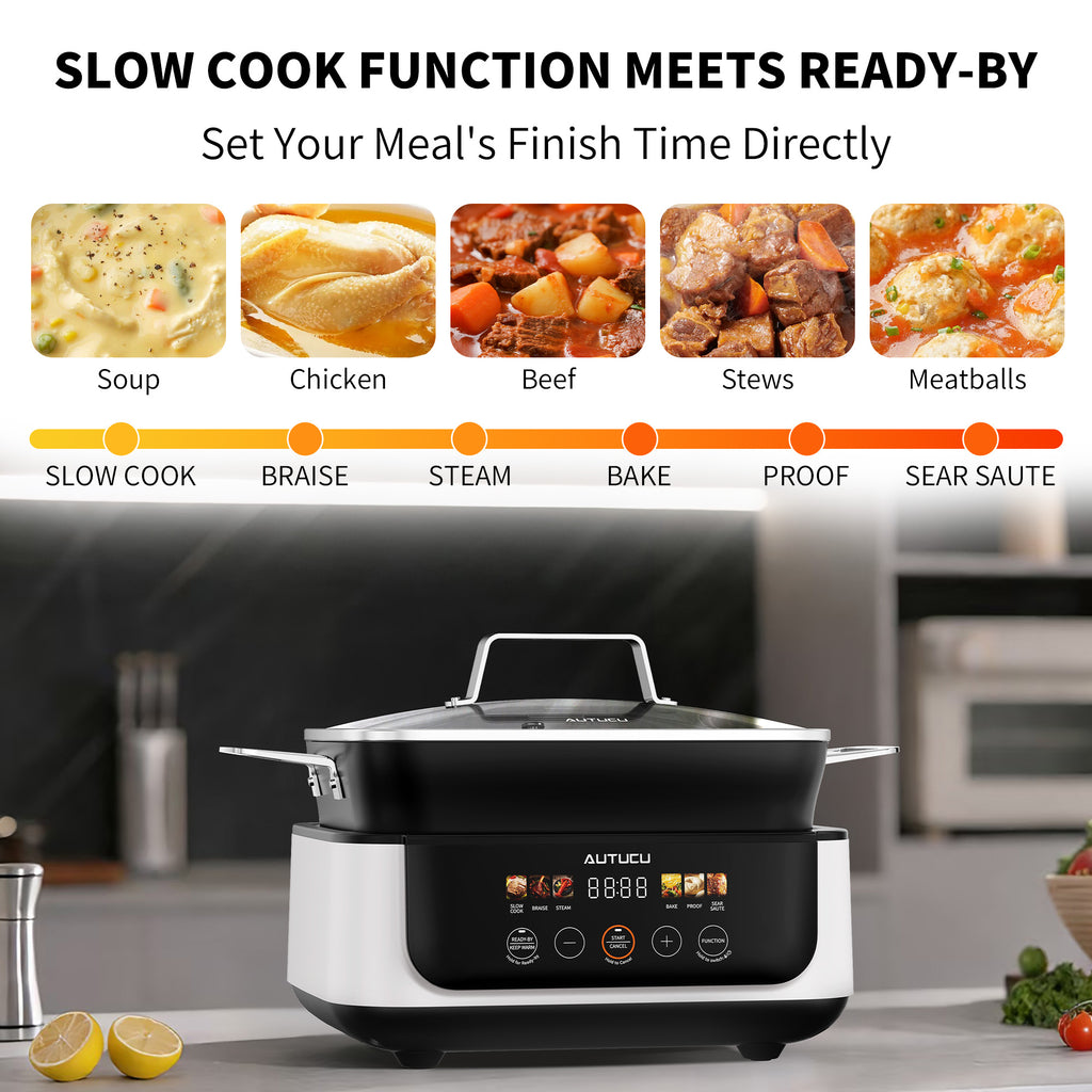 Slow Cooker 7-Quart Programmable Multi-Cooker PFOA-Free Ceramic Coating, Warm, Sear sauté, Steamer Function for Family Gatherings (Includes Silicone Spoon) White