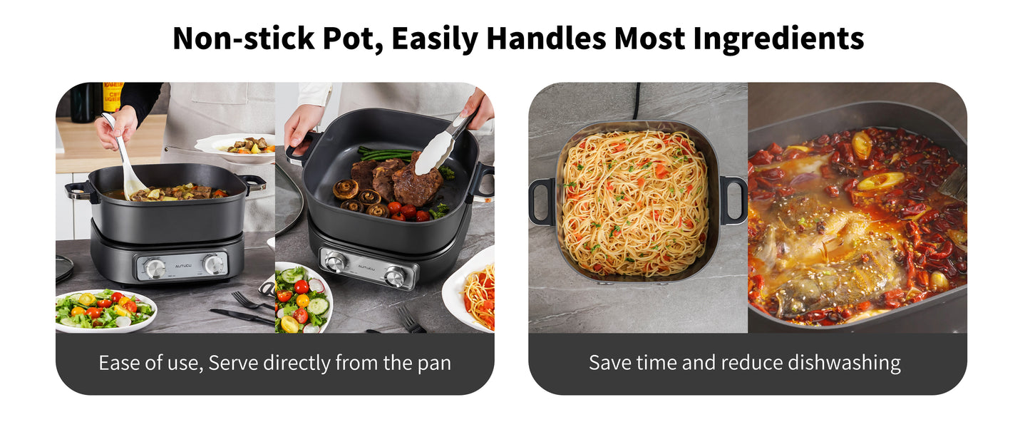 Electric Skillet 6-Quart Hot Pot Nonstick - PFOA-Free Ceramic Coating Pot, 1600W, Timer & 3 Power Settings for Steak, Egg, Ramen