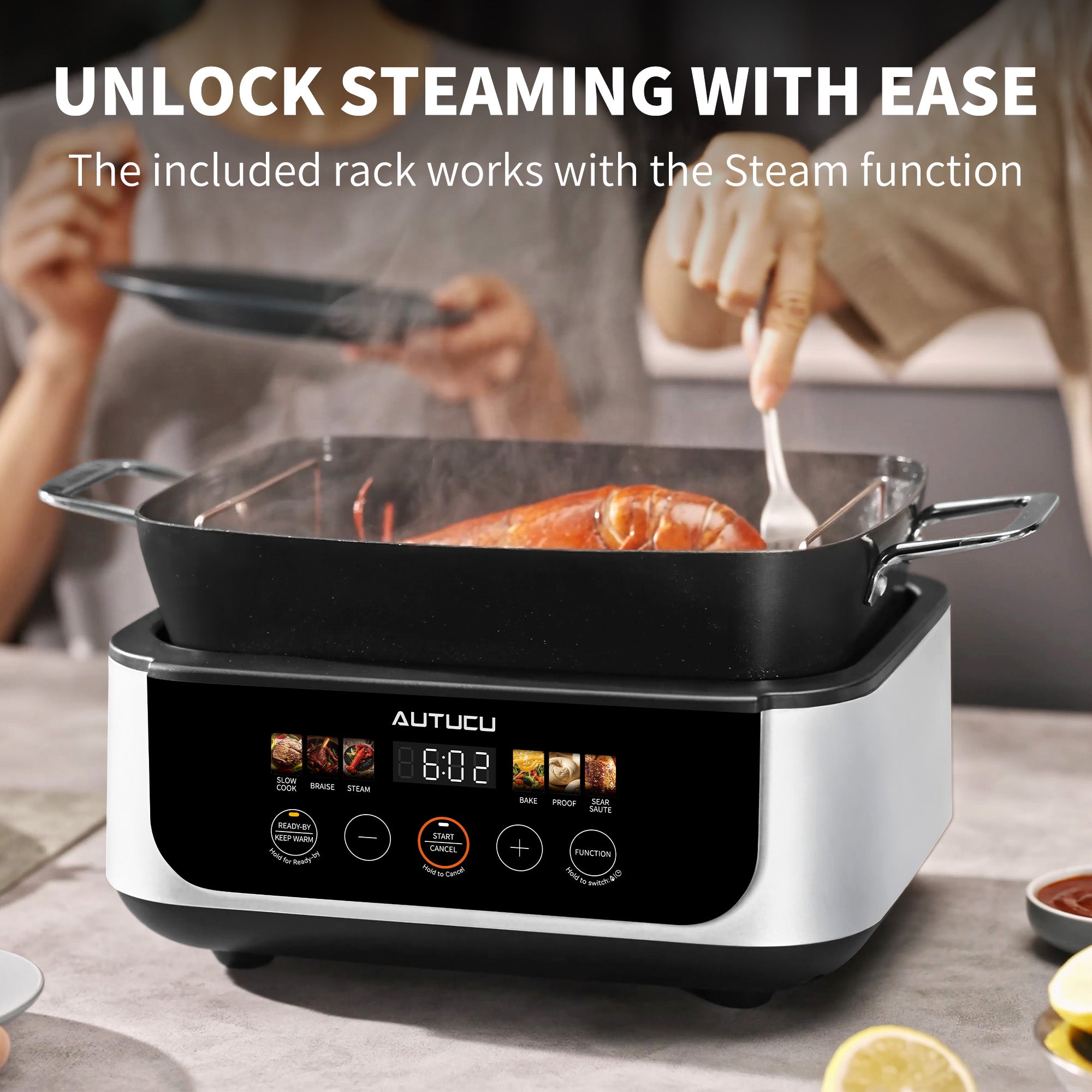 Slow Cooker 7-Quart Programmable Multi-Cooker PFOA-Free Ceramic Coating, Warm, Sear sauté, Steamer Function for Family Gatherings (Includes Silicone Spoon) White