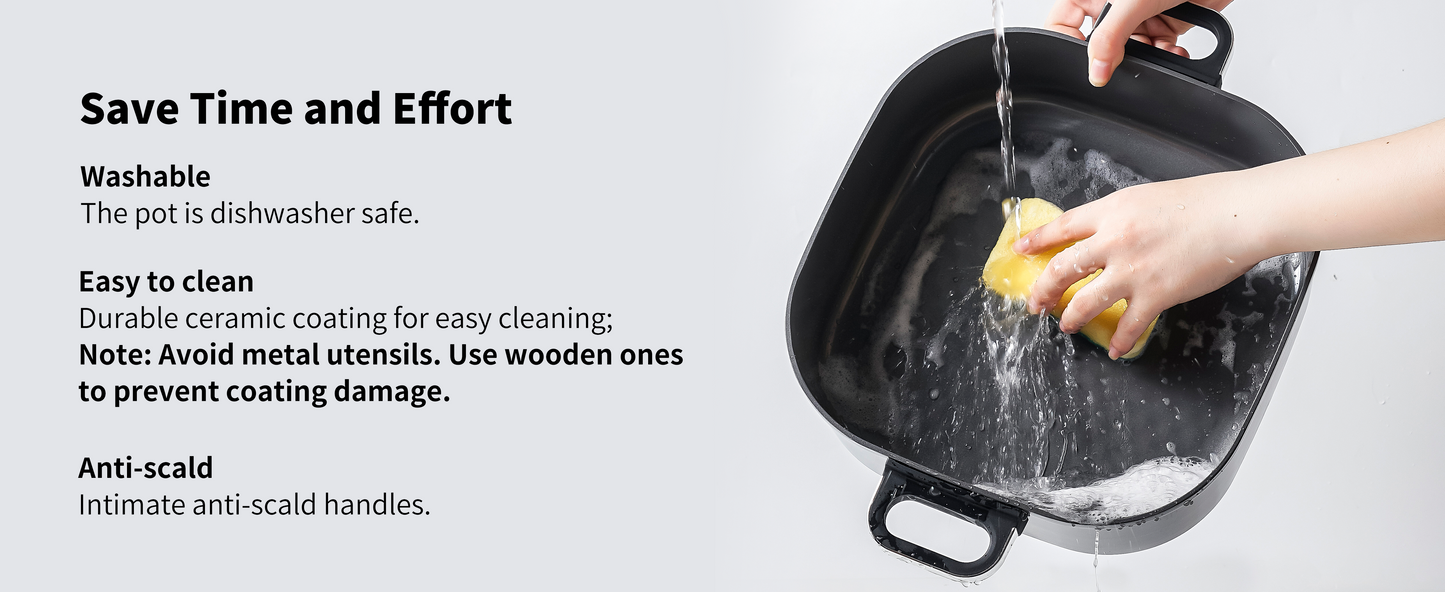 Electric Skillet 6-Quart Hot Pot Nonstick - PFOA-Free Ceramic Coating Pot, 1600W, Timer & 3 Power Settings for Steak, Egg, Ramen