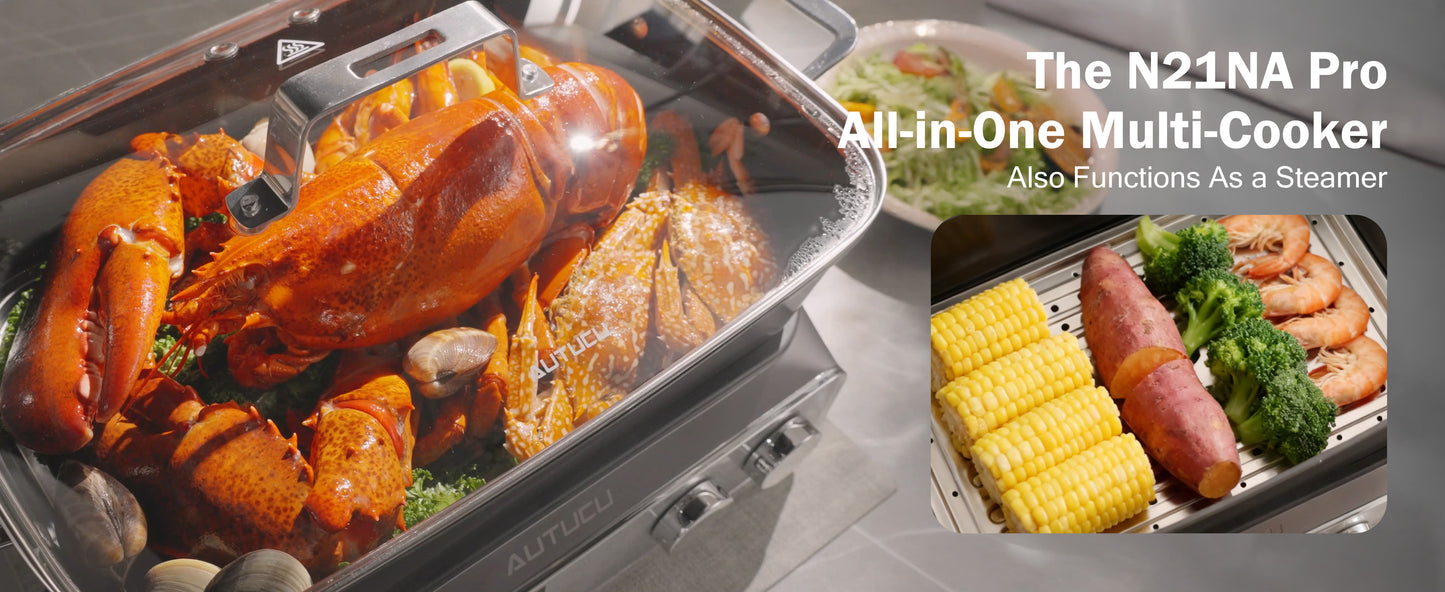 N21NA Pro Slow Cooker 10 Quart, 8-in-1 Programmable PFOA-Free Ceramic Coated Multi-Cooker with Grill Pan, Steaming Plate (Includes Silicone Spoon & Tongs)