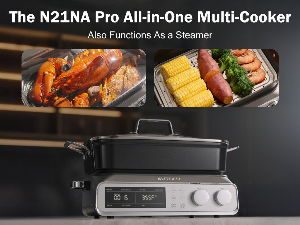 N21NA Pro Slow Cooker 10 Quart, 8-in-1 Programmable PFOA-Free Ceramic Coated Multi-Cooker with Grill Pan, Steaming Plate (Includes Silicone Spoon & Tongs)