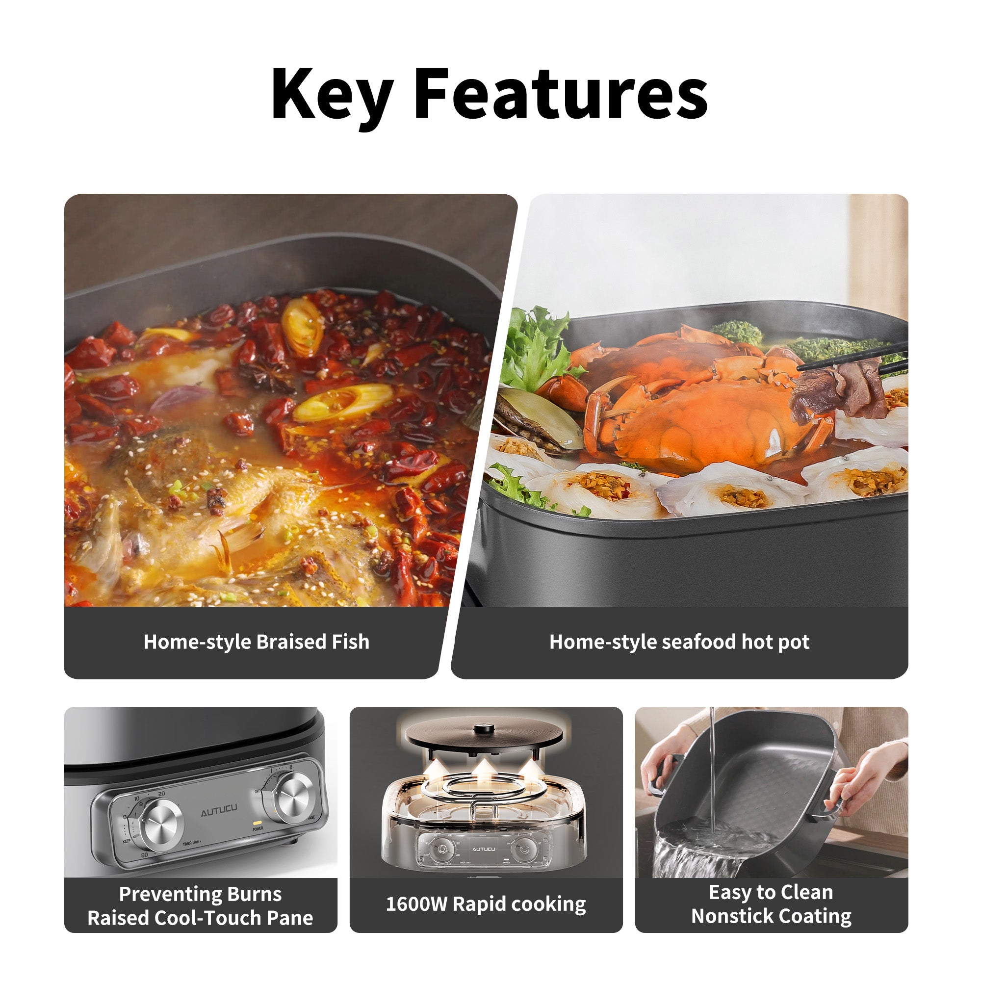 Electric Skillet 6-Quart Hot Pot Nonstick - PFOA-Free Ceramic