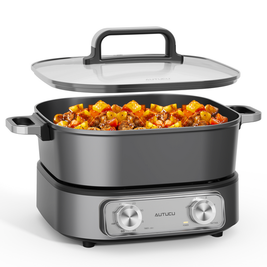 Electric Skillet 6-Quart Hot Pot Nonstick - PFOA-Free Ceramic Coating Pot, 1600W, Timer & 3 Power Settings for Steak, Egg, Ramen