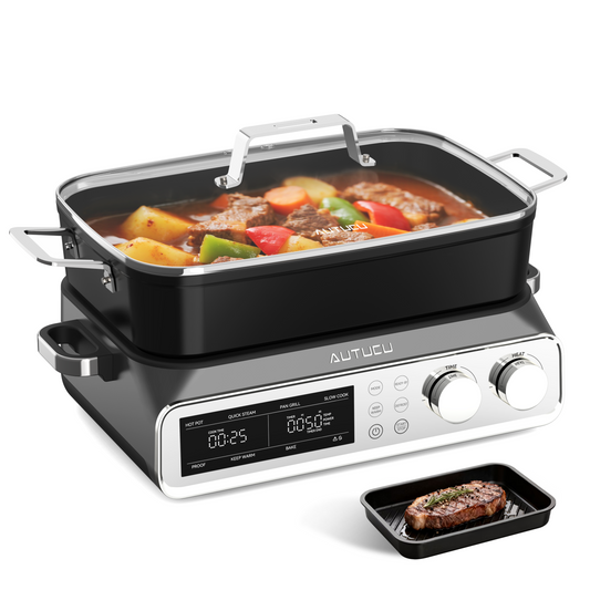N21NA Pro Slow Cooker 10 Quart, 8-in-1 Programmable PFOA-Free Ceramic Coated Multi-Cooker with Grill Pan, Steaming Plate (Includes Silicone Spoon & Tongs)