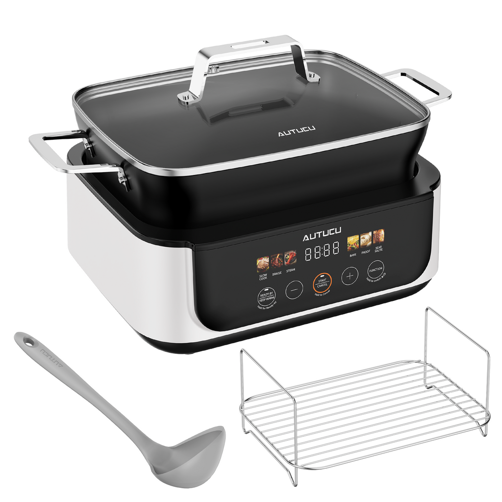 Slow Cooker 7-Quart Programmable Multi-Cooker PFOA-Free Ceramic Coating, Warm, Sear sauté, Steamer Function for Family Gatherings (Includes Silicone Spoon) White