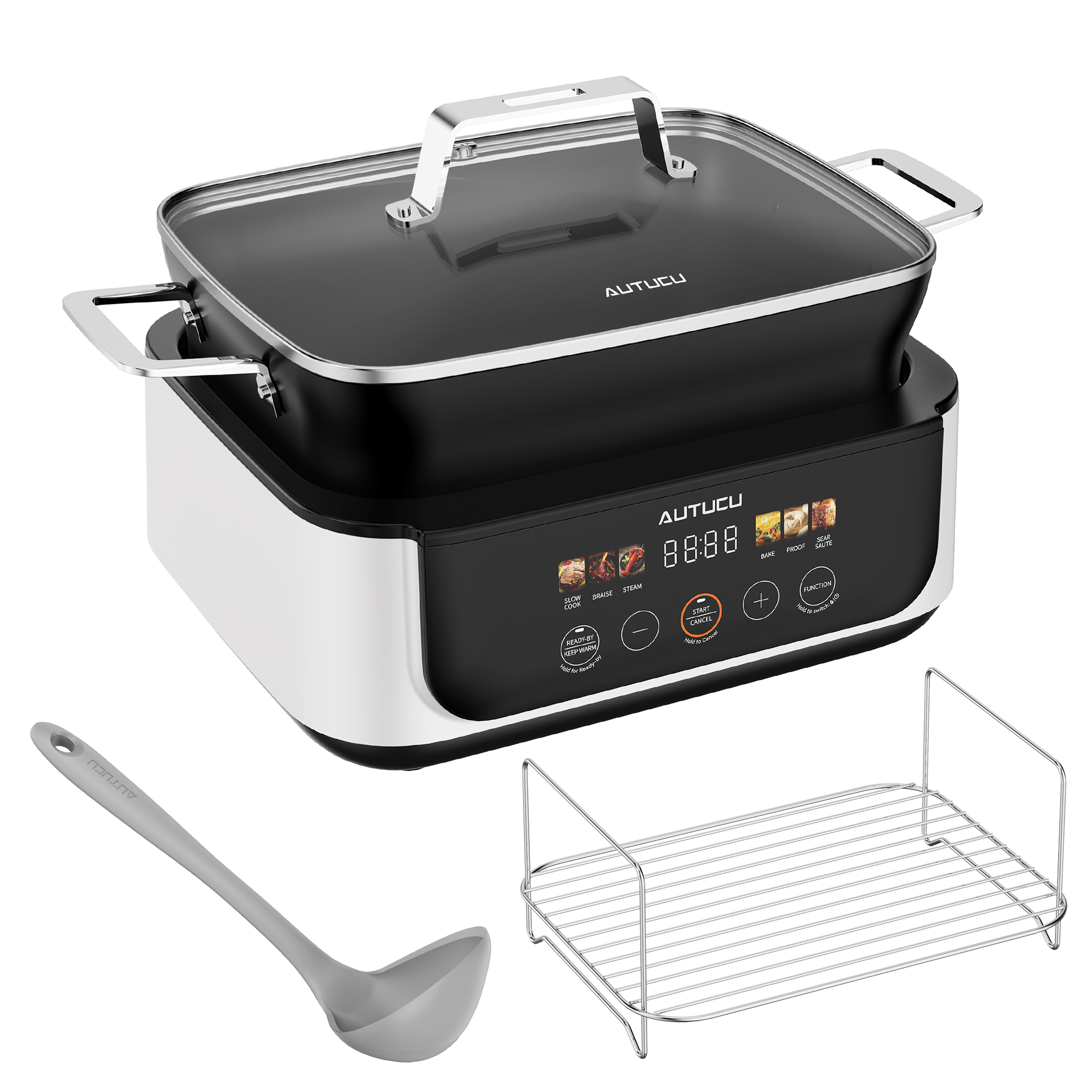 Slow Cooker 7-Quart Programmable Multi-Cooker PFOA-Free Ceramic Coating, Warm, Sear sauté, Steamer Function for Family Gatherings (Includes Silicone Spoon) White