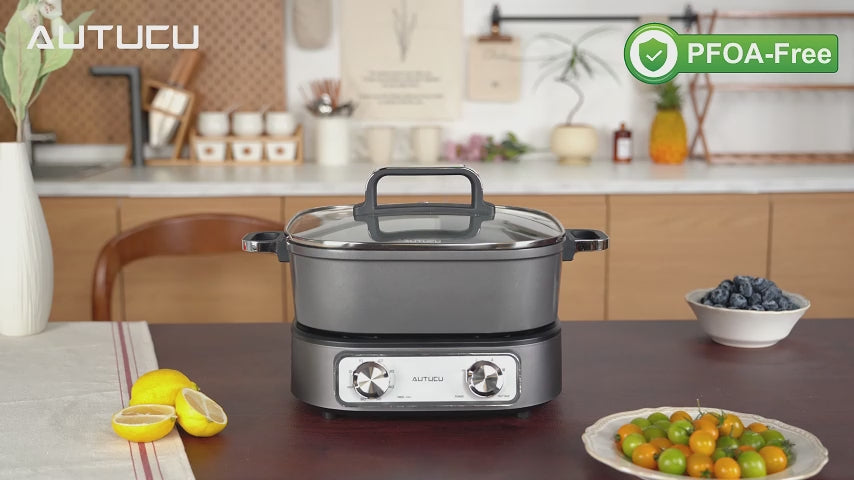 6-Quart Electric Skillet with Grill | Non-Stick PFOA-Free Ceramic-Coated Pot, 1600W, Timer & 3 Power Settings for Steak, Egg, Ramen (Includes Tongs) Pot & Grill