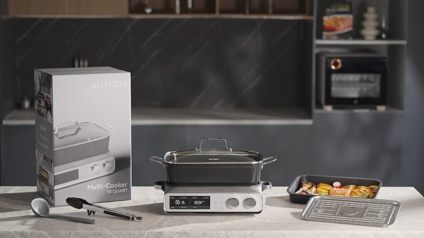 N21NA Pro Slow Cooker 10 Quart, 8-in-1 Programmable PFOA-Free Ceramic Coated Multi-Cooker with Grill Pan, Steaming Plate (Includes Silicone Spoon & Tongs)